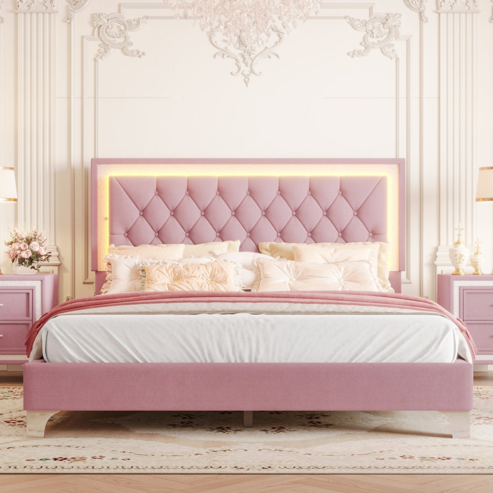 3-Pieces Bedroom Sets,Queen Size Upholstered Platform Bed with LED Lights and Two Nightstands-Gray