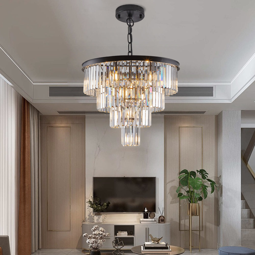 (Same as W1340P188542/L5007-600-B) 24" Contemporary Crystal Modern Chandeliers Crystal Ceiling Chandelier 4 Tier Black Chandelier Lighting for Dining Room Living Room Bedroom (Bulbs Not included)