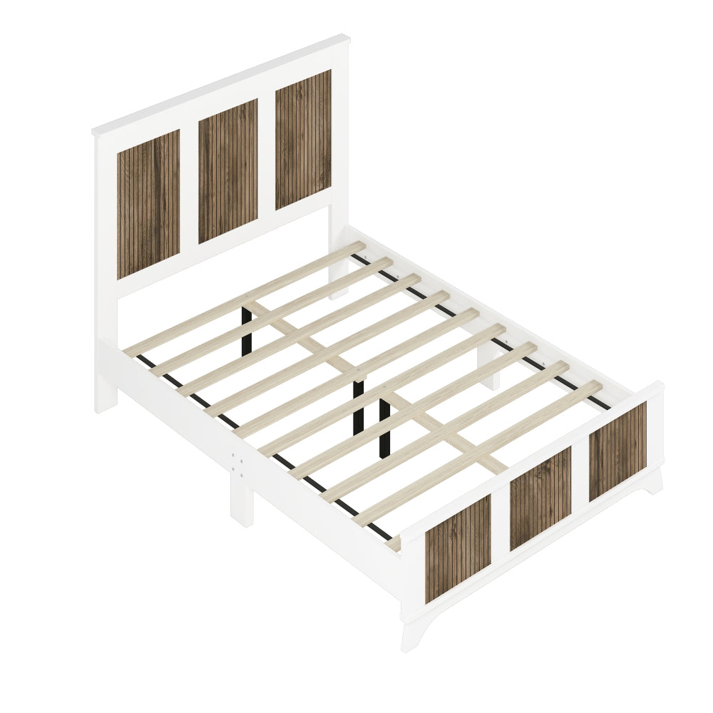 4-Pieces Bedroom Sets, Full Size Farmhouse Platform Bed with Wooden Strip Stickers Decoration, Storage Nightstand and Dresser with Metal Handle, White