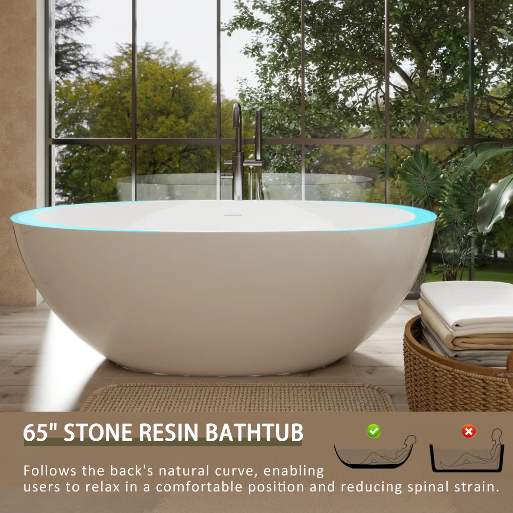 65" Freestanding Solid Surface Bathtub, Luxury Handcrafted Stone Resin Freestanding Soaking Bathtub with Overflow and Pop-up Drain, Glossy White 24S06-65GW