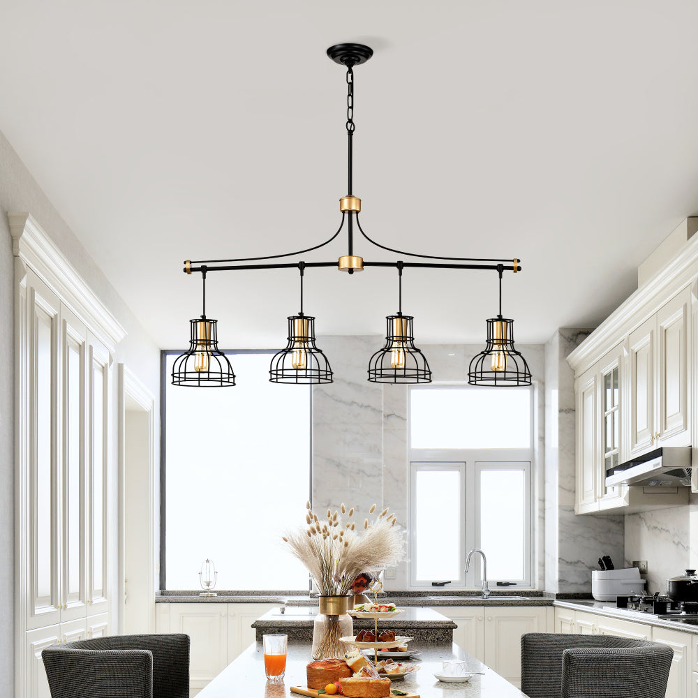 Dining Room Light Fixture/Chandelier Over Table, 40-Inch Hanging for Farmhouse Linear Chandeliers,4-Light Kitchen Island Lighting,Matte Black and Matte Gold Ceiling Chandelier,with Metal lampshade