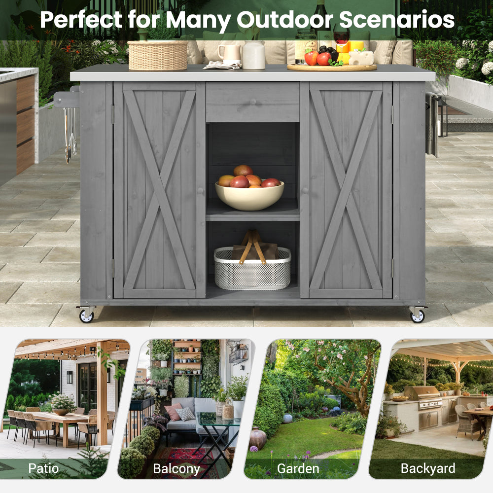 Outdoor Kitchen Island Fir Wood Kitchen Island with Stainless Steel Top, Ample Storage Space, Towel and Spice Racks and a Bottle Opener for Outdoor, Grey