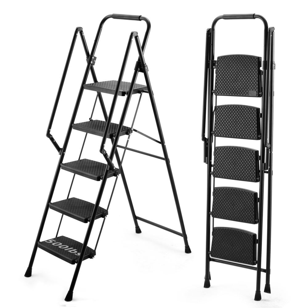 ladder, folding ladder stool, with anti slip wide pedals, steel ladder, with safety anti slip handle, lightweight 300 pound portable steel ladder stool in White 5 steps