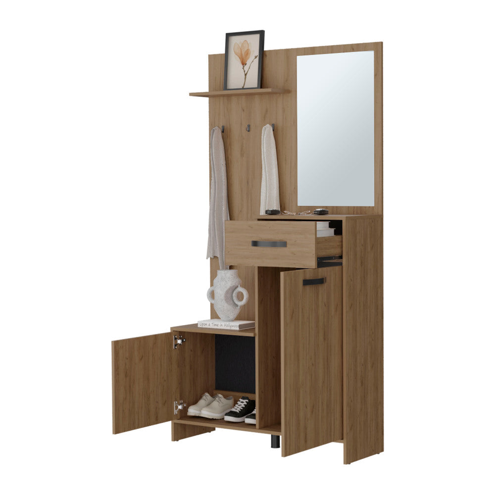 FM FURNITURE Elko Hall Tree Multistorage with a Mirror. Natural Oak