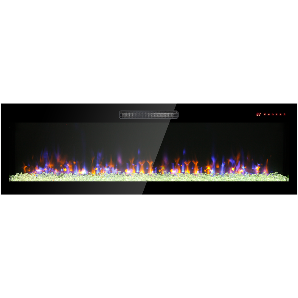 50 inch recessed ultra thin tempered glass front wall mounted electric fireplace with remote and multi color flame & emberbed, LED light heater