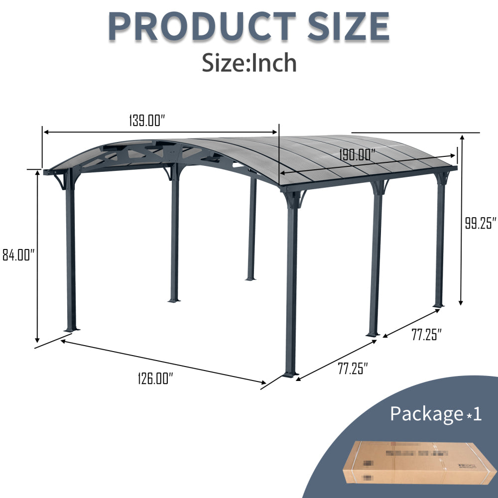 Outdoor Carport, 12 FT * 16 FT* 8 FT Arch Carport with Aluminum Frame and Polycarbonate Panels Car Port for Outdoor Driveway Car, Truck