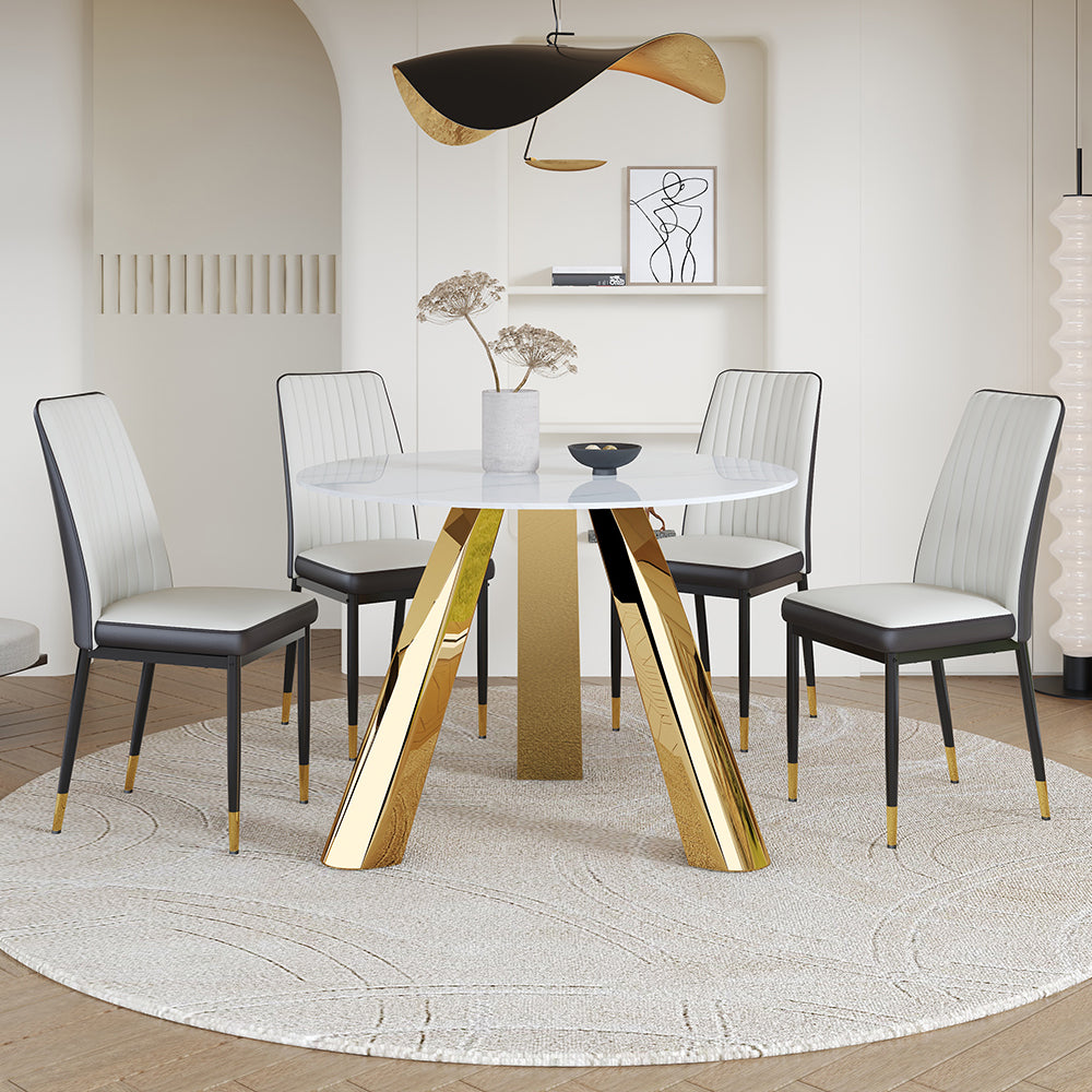 42-inch Sintered Stone Dining Table and Chair Set Mirror-polished Stainless Steel Base 4 Black PU Chairs Modern Luxury Round Dining Table Series