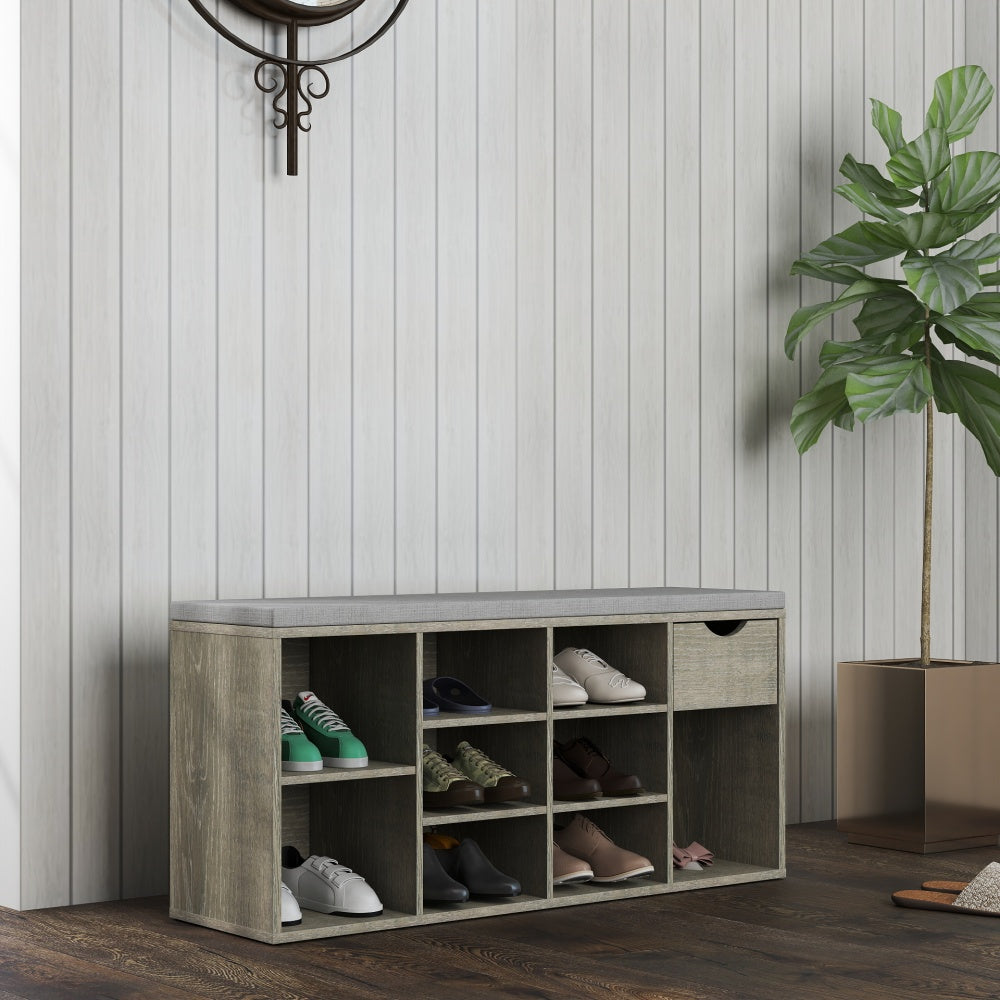 Storage Bench, Shoe Bench, Entryway Bench with Padded Cushion, Drawer and Open Compartments, Bench with Storage, 3 Tier Shoe Rack Bench
