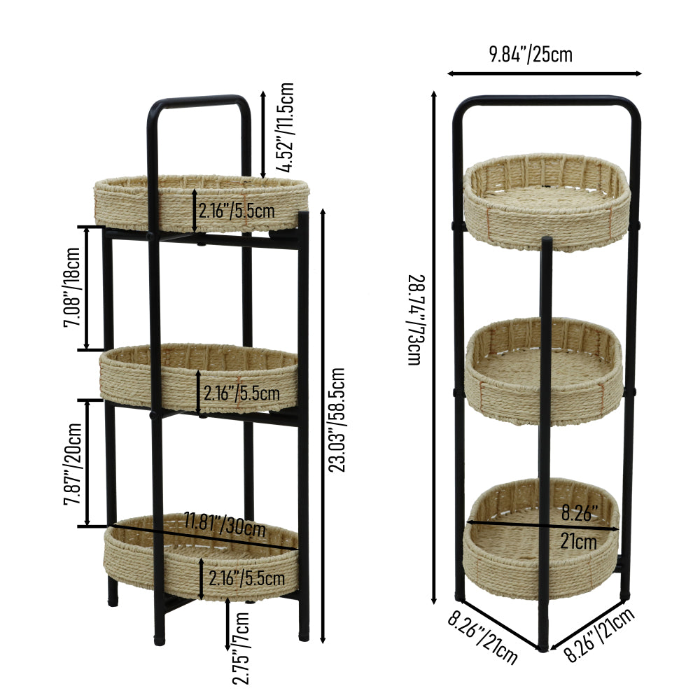 3 Tiers Tray Tables Paper Rope Woven Side Table for Living Room Kitchen Oval Storage Basket Small Shelves (Natural)