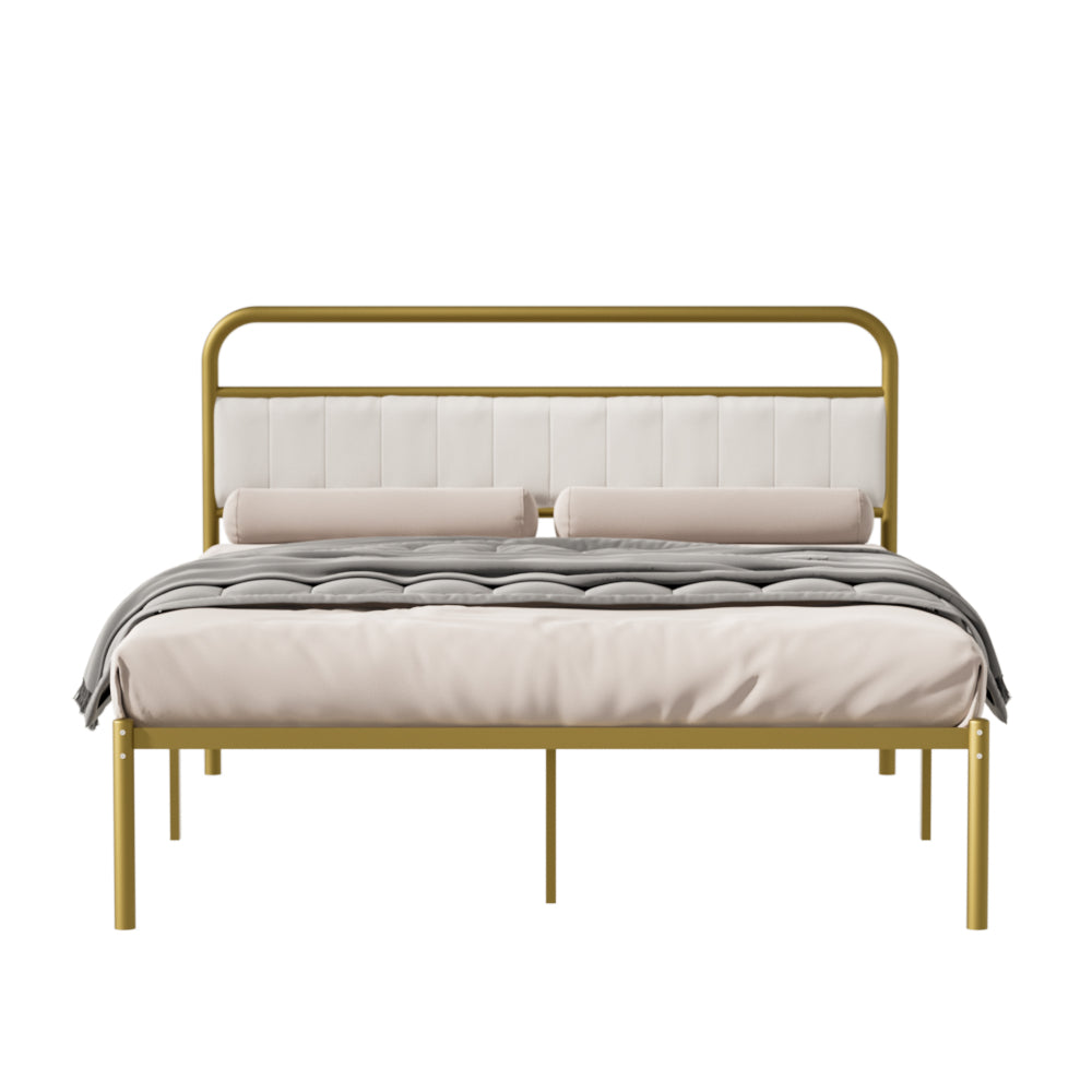 Metal Steel Platform Bed Frame with Upholstered Headboard cushion (Queen Size) - Gold
