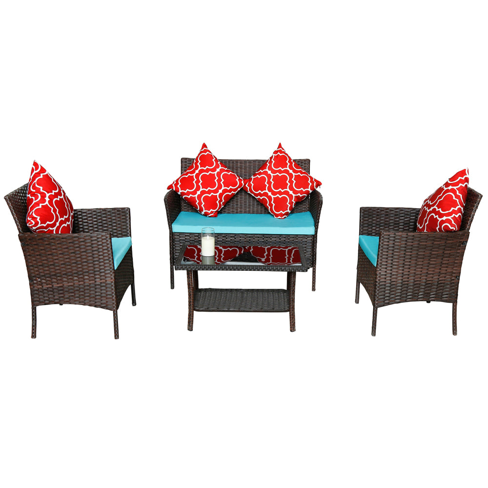Four-Piece Sofa Set Table With Sofa Chair PE Rattan Outdoor Furniture HY4-001 Box *1 With Emerald Green Color Cushion
