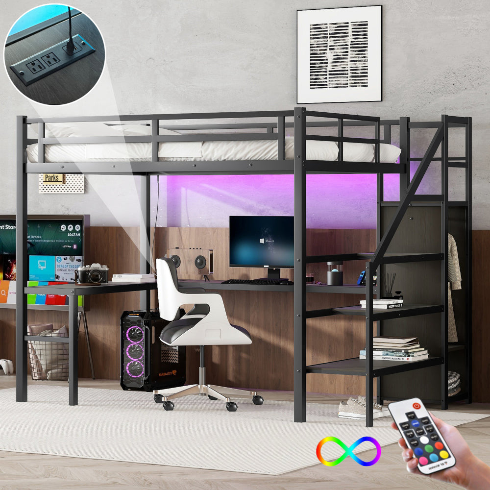 Twin XL Size Loft Bed with L-shaped Desk and USB, Metal Loft Bed with Wardrobe and Adjustable Shelf, High Loft Bed with LED for Kids Teens Adults, Black