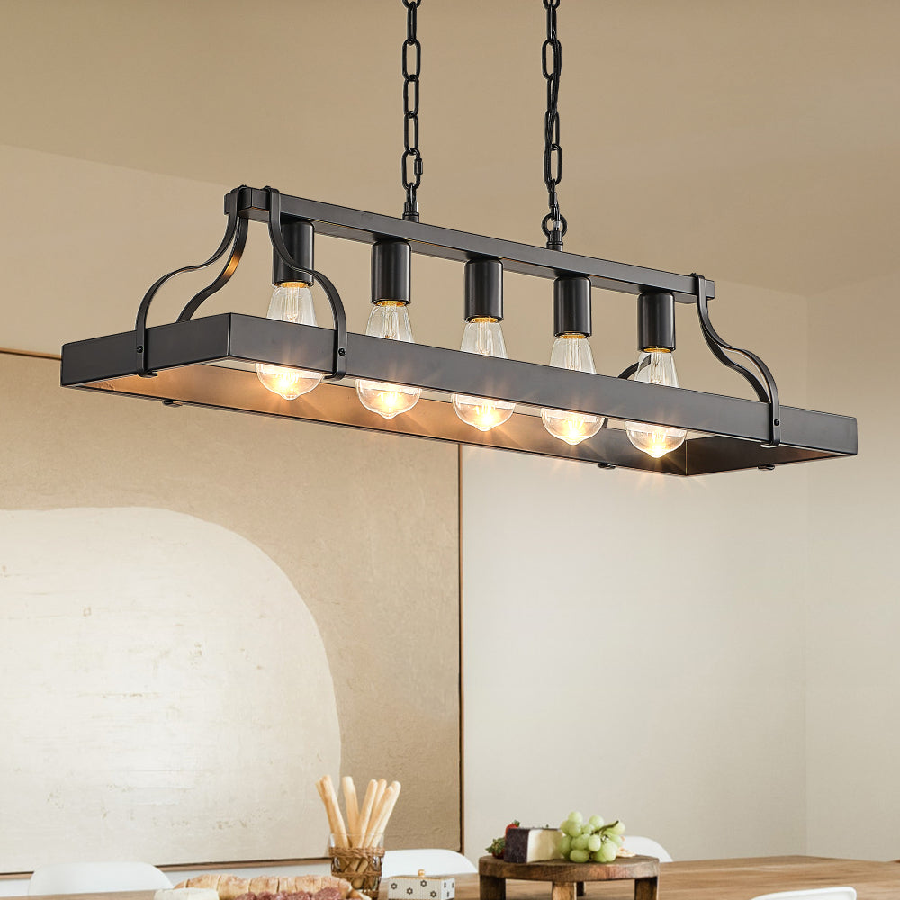 34-Inch Black and Walnut Wood Grain Pendant Light, 5 E26 Bulb Sockets, Adjustable Chain Height – Modern Farmhouse Chandelier for Dining Room, Kitchen, or Living Room (Bulb Not Included)