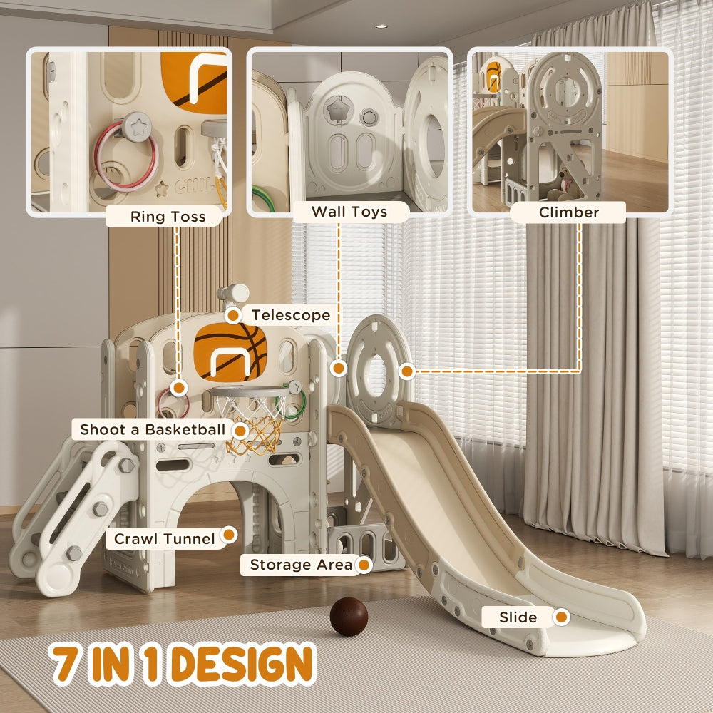 Qaba 7-in-1 Toddler Slide Playset, Kids Slide for Ages 1-6 Years with Ring Toss, Basketball Hoop, Telescope, Indoor Playground with Climber, Storage Space, Crawl Tunnel, Cream White
