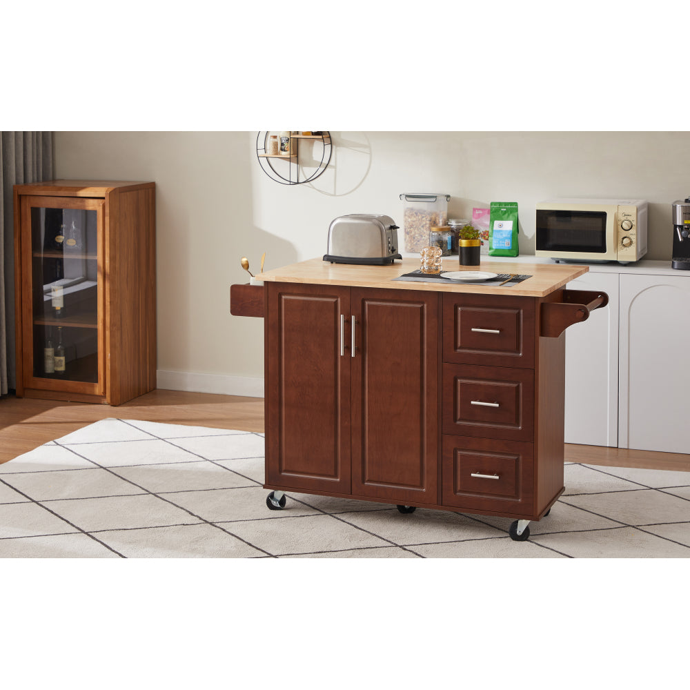 54 inch Portable Wooden Kitchen Island Cart Large Capacity with 3 drawers Drop-Leaf Table Spice Rack & Towel Rack for Small Spaces.