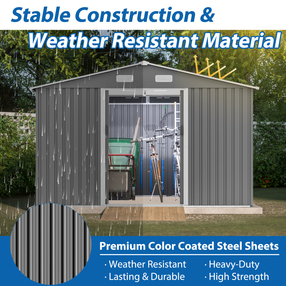 10X8 FT Outdoor Storage Shed, Metal Foundation & Lockable Doors, Tool Shed for Garden, Patio, Backyard, Lawn, Grey
