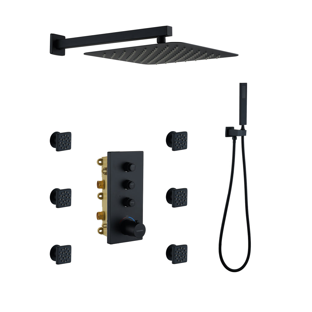 3 Functions 12 Inch Ceiling Mounted Thermostatic Shower System in Matte Black