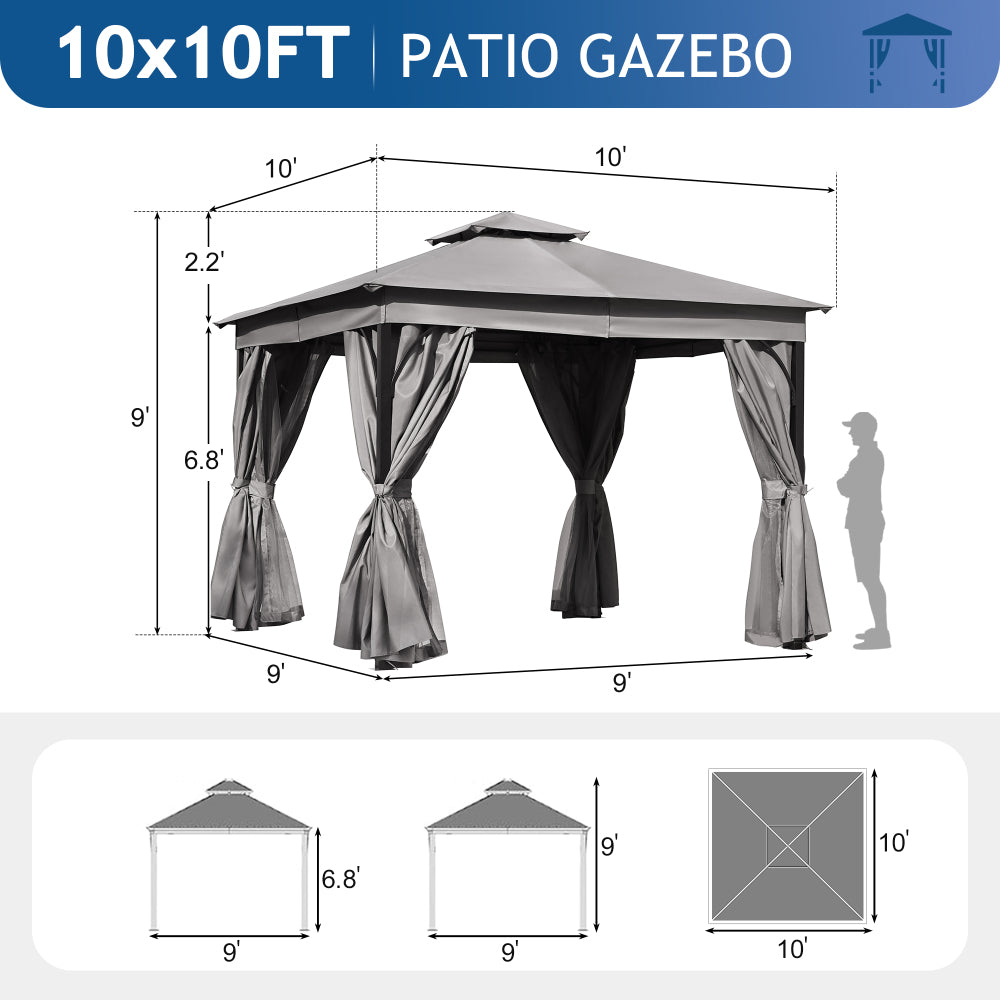 TREXM 10x10 Outdoor Gazebo Tent with Double Roofs, Patio Gazebo with Mosquito Netting and Privacy Screens, Patio Canopy for Shade and Rain for Backyard, Garden, Lawn and Deck (Grey)