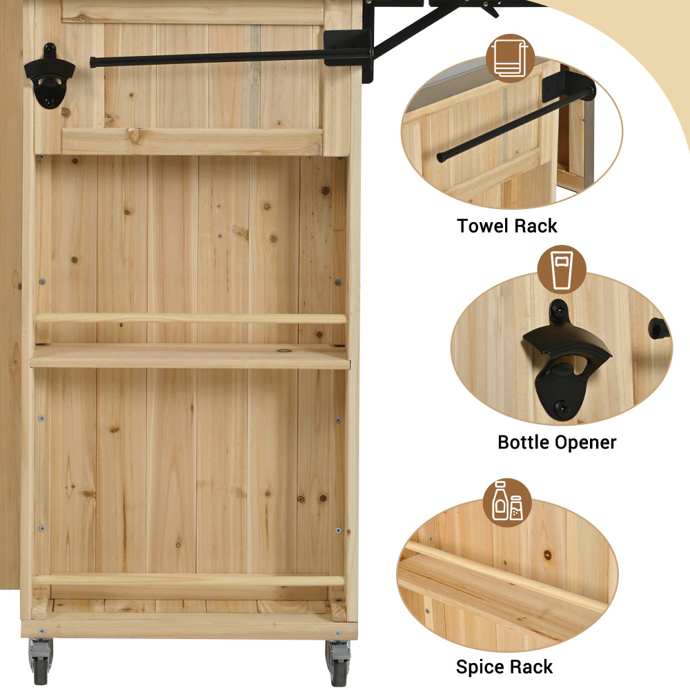 Outdoor Kitchen Island Fir Wood Kitchen Island with Stainless Steel Top, Ample Storage Space, Towel and Spice Racks and a Bottle Opener for Outdoor, Natural