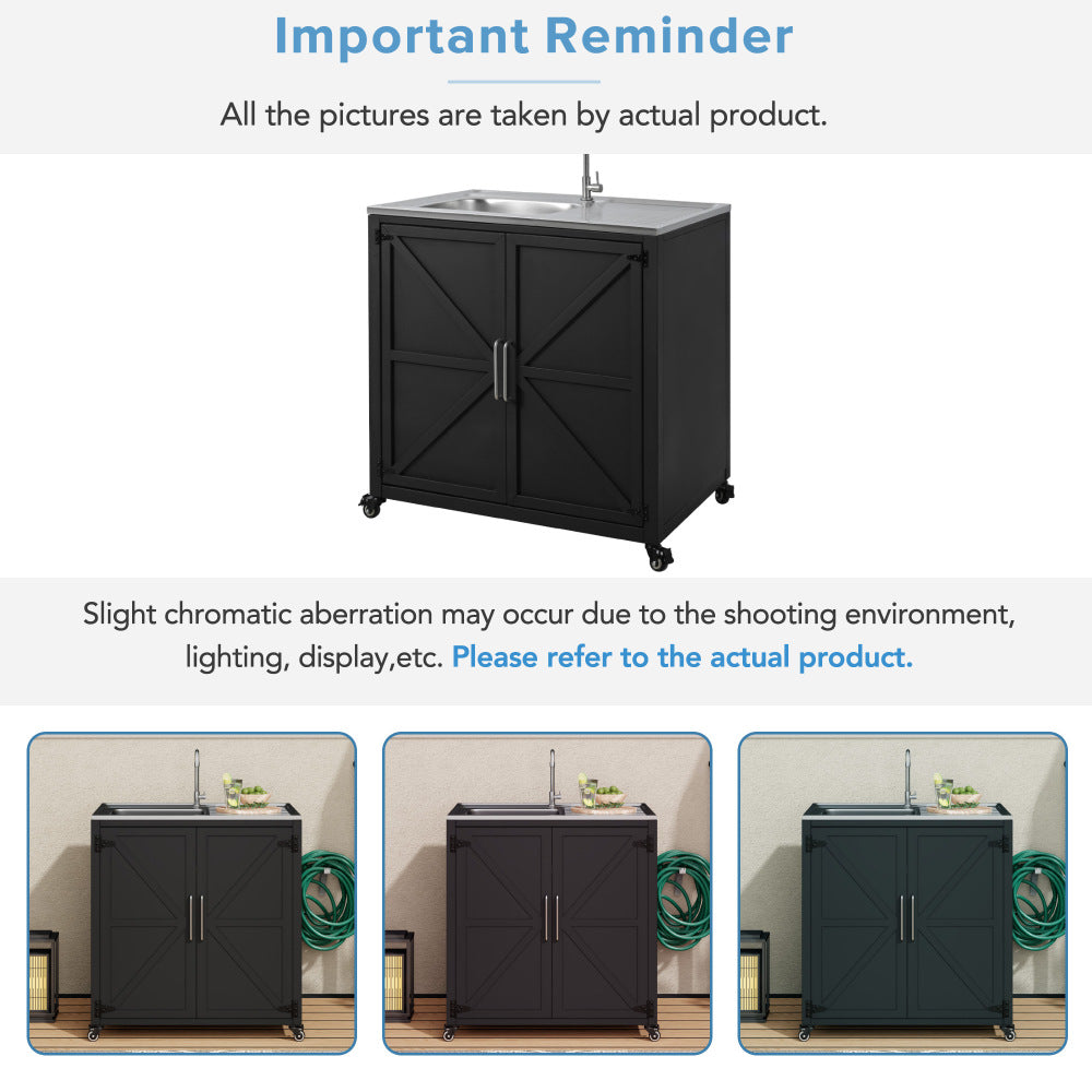 Outdoor Movable Kitchen Sink Outdoor Grill Cart Outdoor Storage Cabinet Outdoor Kitchen Island Patio Modular Kitchen Sink Station with Cabinet for Garden, Patio, Backyard, Matte Black