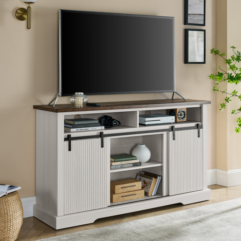 TV Stand for 65 Inch TV, Entertainment Center with Storage Cabinets and Sliding Barn Door, Mid Century Modern Media Living Room Bedroom TV Console Table