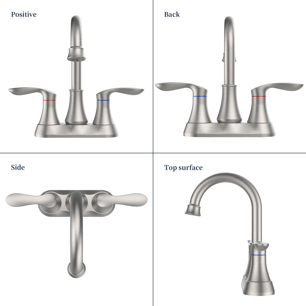 Bathroom Faucet Brushed Nickel with Pop-up Drain & Supply Hoses Two-Handle 360 Degree High Arc Swivel Spout Centerset 4 Inch Vanity Sink Faucet 4011B-NP