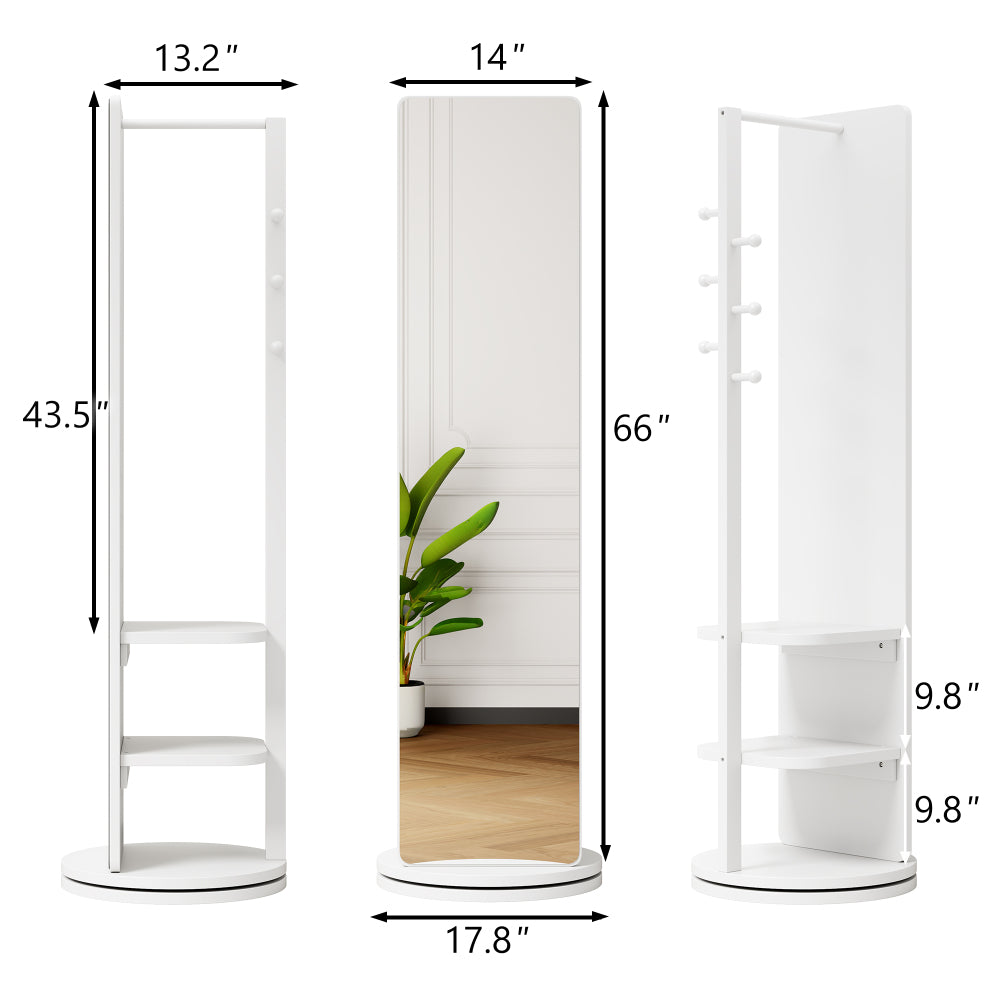360° Rotating 66"x14" Multifunctional Full Length Mirror with Hook Storage Rack Coat Rack with Mirror Solid Wood Floor Mirror Bedroom Living Room Cloakroom Space Saving (wh