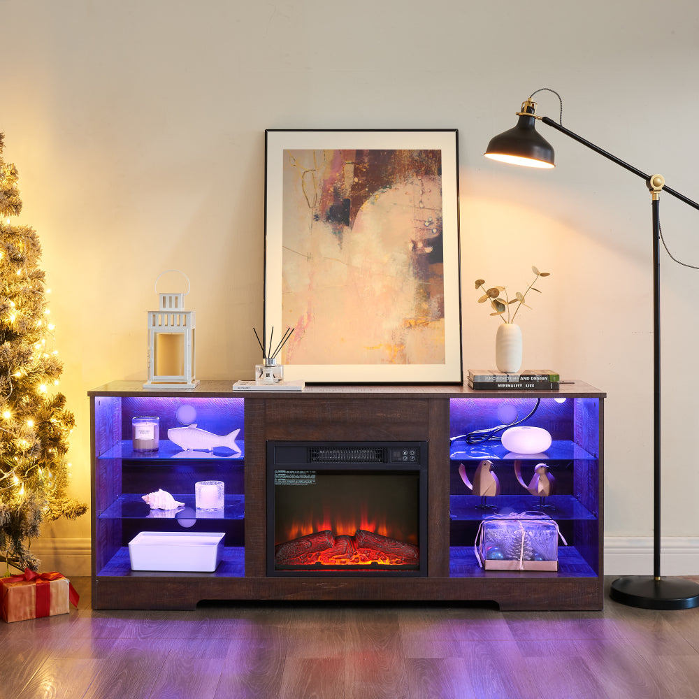 TV Stand Electric Fireplace TV Stand with Glass Shelves, 3D Fireplace TV Stand with LED Lights Wood with USB Charging Outlet Modern Television Table Center for TV up to 32-62" White 58''W*15.5''D*24.4