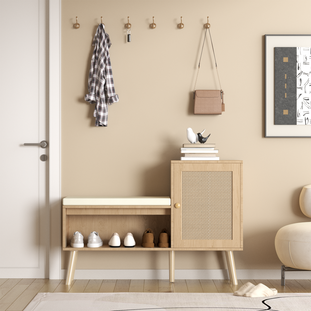 2-in-1 Shoe Storage Bench, Natural Rattan Shoe Cabinet with 2 Adjustable Shelves and Removable Seat Cushion, Modern Entryway Bench, Shoe Storage Organizer, Shoe Rack for Hallway, Bedroom