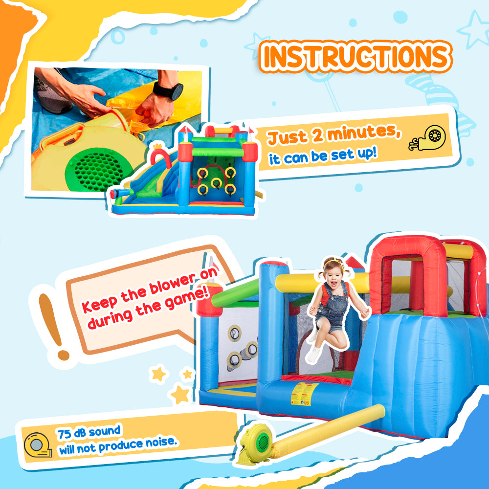 Outsunny 6-in-1 Inflatable Bounce House with Slide, Climbing Wall, Water Cannon, and More, Inflatable Water Slide for Kids with 2 Min. Inflation with Inflator