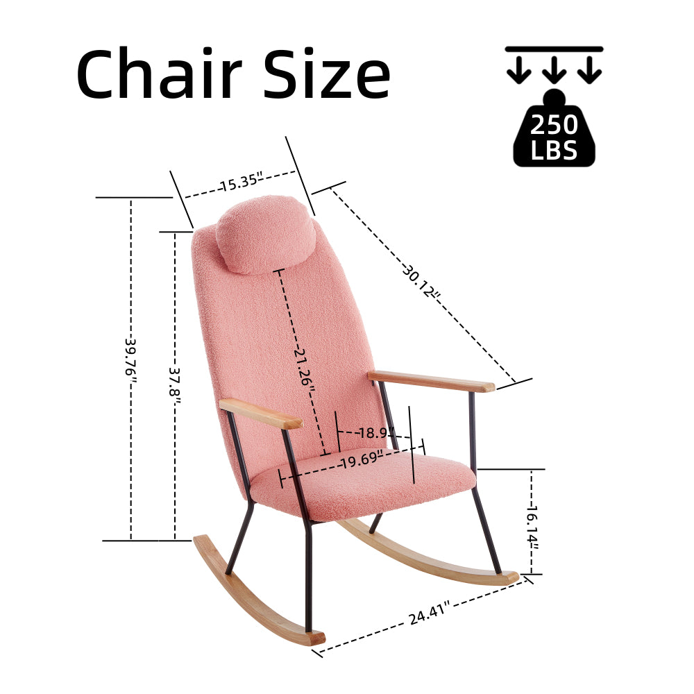Adjustable Headrest Pillow Rocking Chair, Teddy Fabric Upholstered Glider Rocker with High Backrest, Modern Rocking Accent Chairs Comfy Side Chair for Nursery, Bedroom, Living Room (Pink)