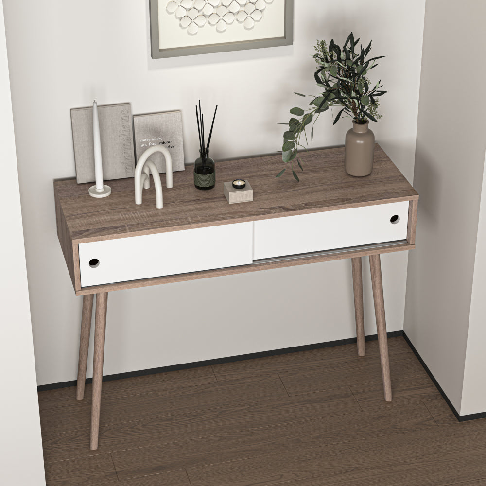 Entryway Table with 2 White Sliding Doors, Console Table with Storage Space and Wood Legs,Sofa Table Behind Couch for Hallway, Living Room, Natural Color