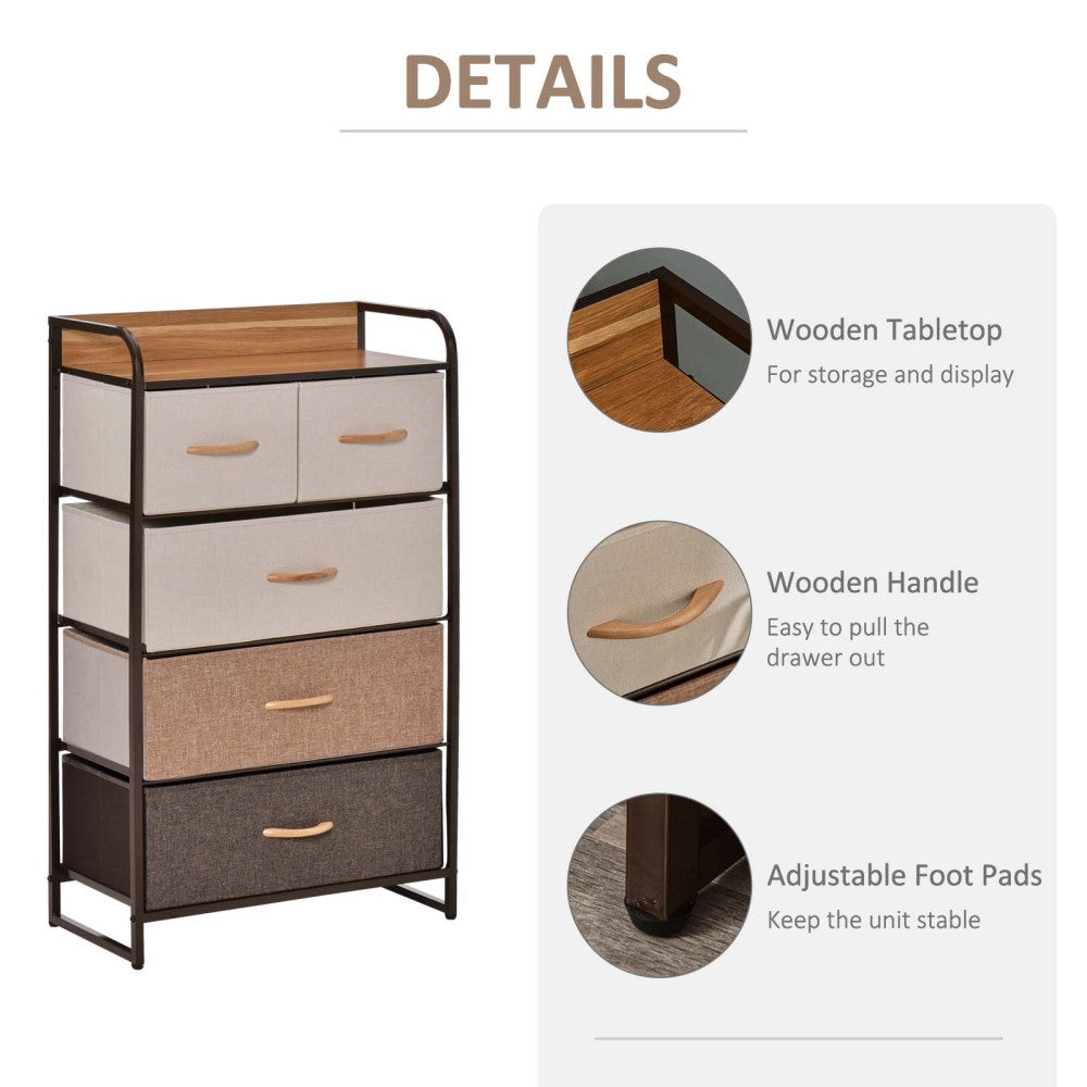HOMCOM 5-Drawer Dresser, Fabric Drawers, 4-Tier Storage Organizer for Bedroom Entryway, Tower Unit with Steel Frame Wooden Top, Maple Wood