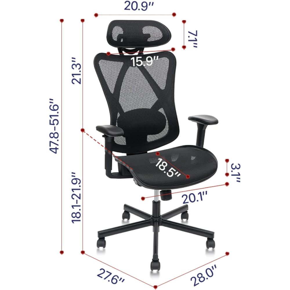 Mesh Office Chair,Ergonomic Office Chairs with Wheels,Adjustable Lumbar Support,Armrest,Headrest-Tilt High Back Desk Chair with Mute Wheel for Office, Home, Gaming