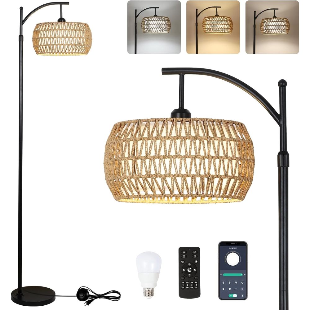 Arc Floor Lamp with 3 Color Temperatures, LED Gold Floor Lamp with Remote & Stepless Dimmable Bulb, Boho Standing Lamp with Rattan & Fabric Shades, Farmhouse Tall Lamp for Living Room Bedroom