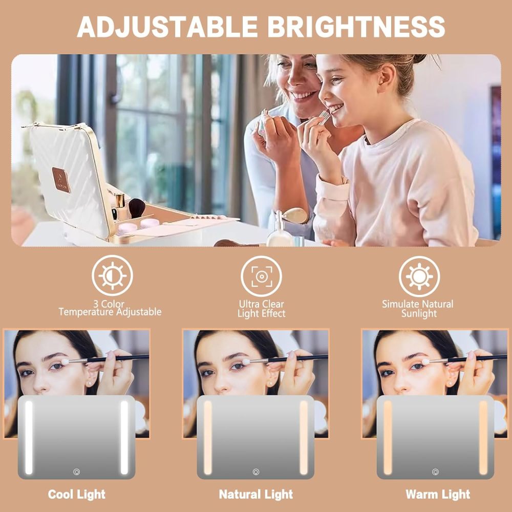 Makeup Case with LED Lighted Mirror Travel Makeup Train Case Cosmetic Organizer for Girls Makeup Artist, Makeup Tools, Hairstylist Travel White