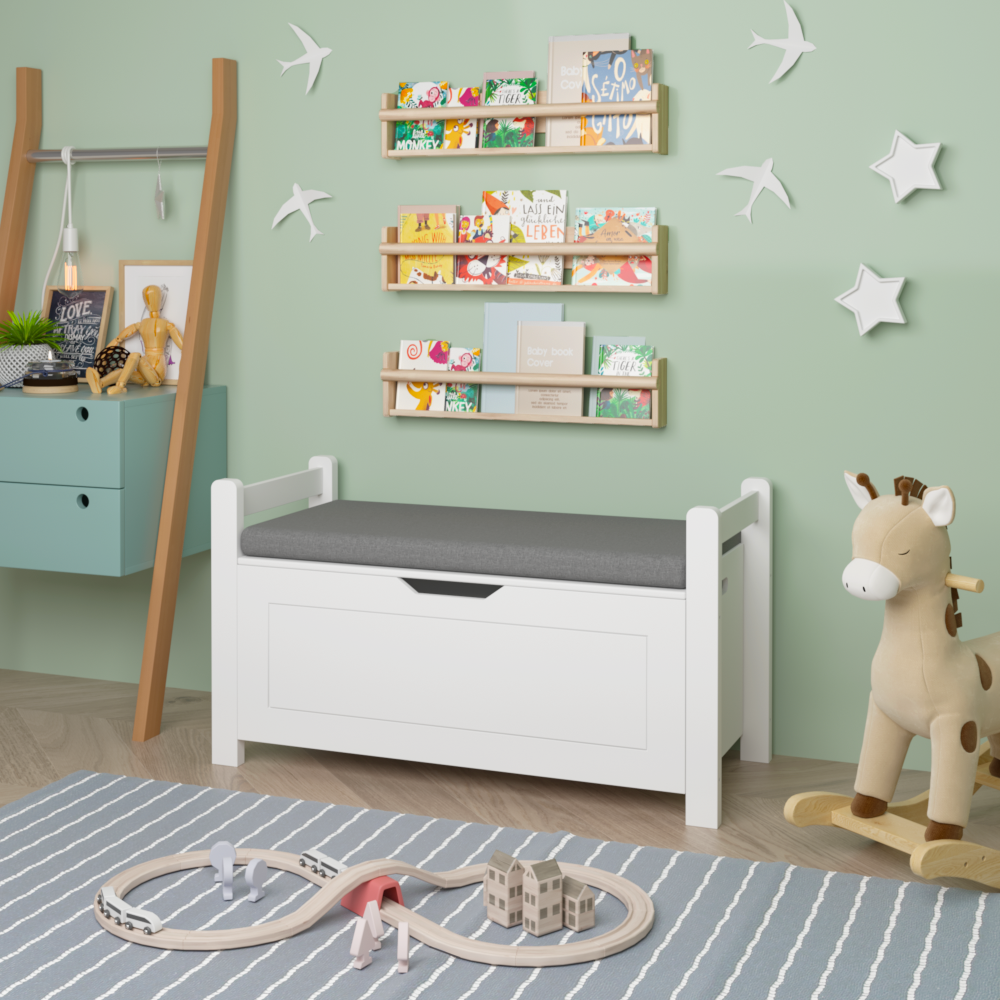 Kids Toy Box Chest, White Toy Box for Boys Girls, Large Storage Cabinet with Cushion Seat Bench/Flip-Top Lid/Safety Hinge, Toy Storage Organizer Trunk for Nursery, Playroom