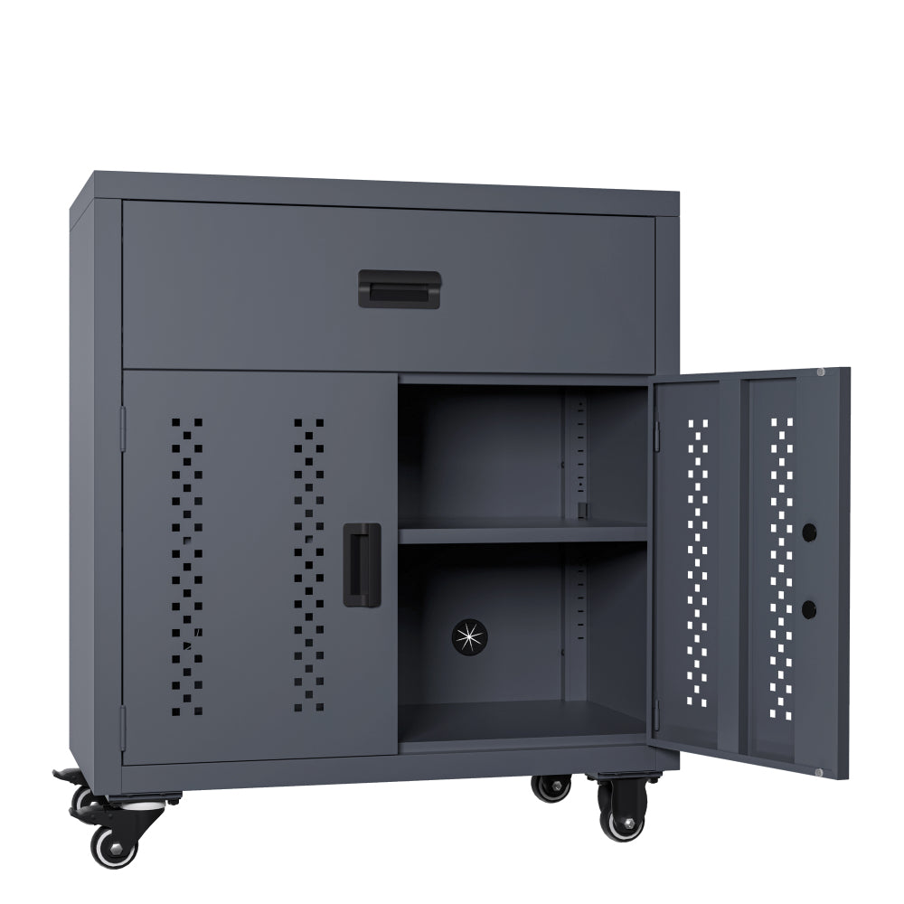 Metal garage storage cabinet with lockable door and adjustable shelves, rolling tool storage cabinet with 4 wheels - 31.49-inch steel lock cabinet, suitable for garages and warehouses (gray)