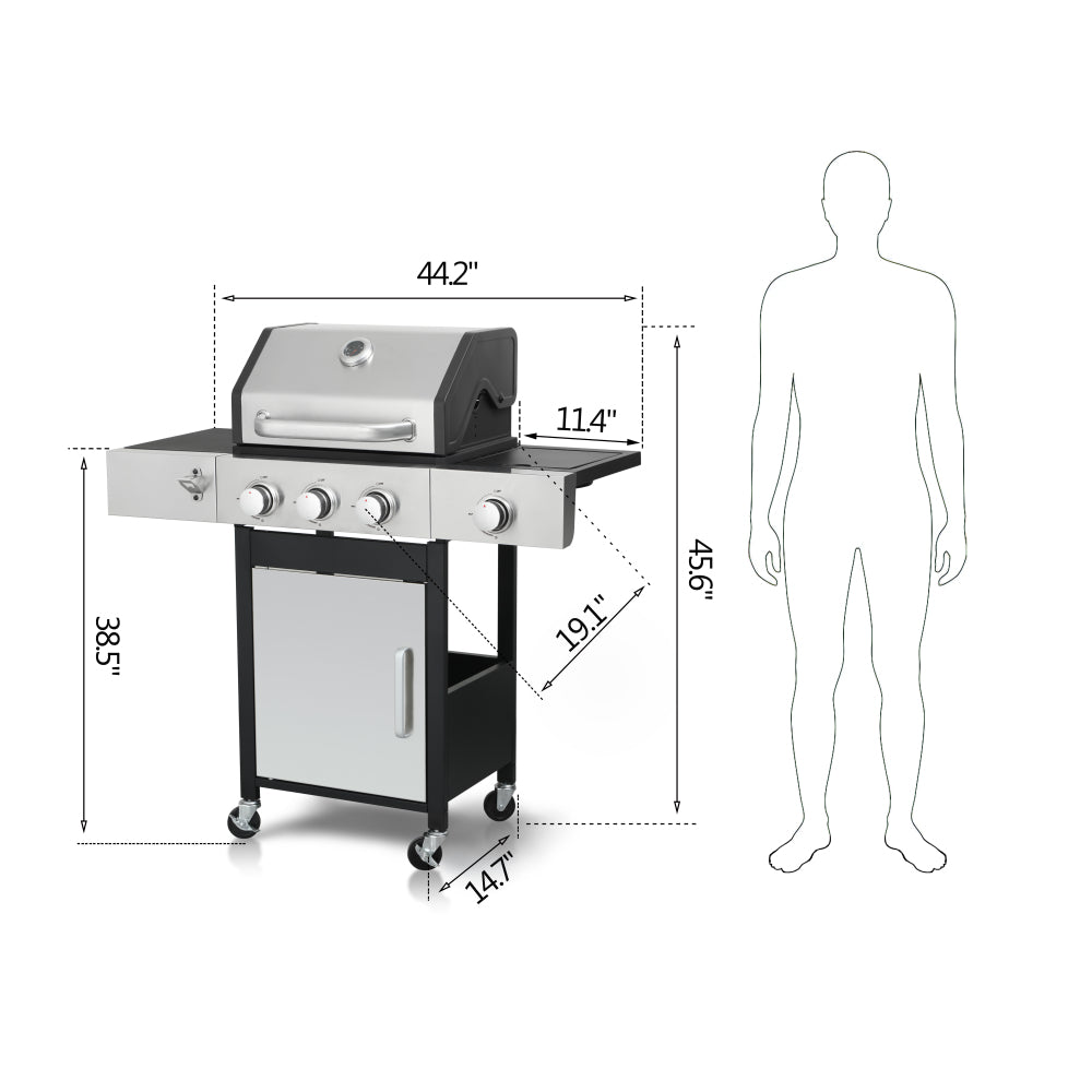 3-Burner Propane Gas BBQ Grill with Side Burner, 37230BTU Output With Enameled Cast Iron Cooking Grids For Outdoor Barbecue, Stainless Steel
