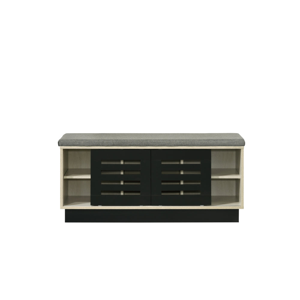 Brett 38.5"W Oak Finish Shoe Cabinet with Sliding Doors, Upholstered Top