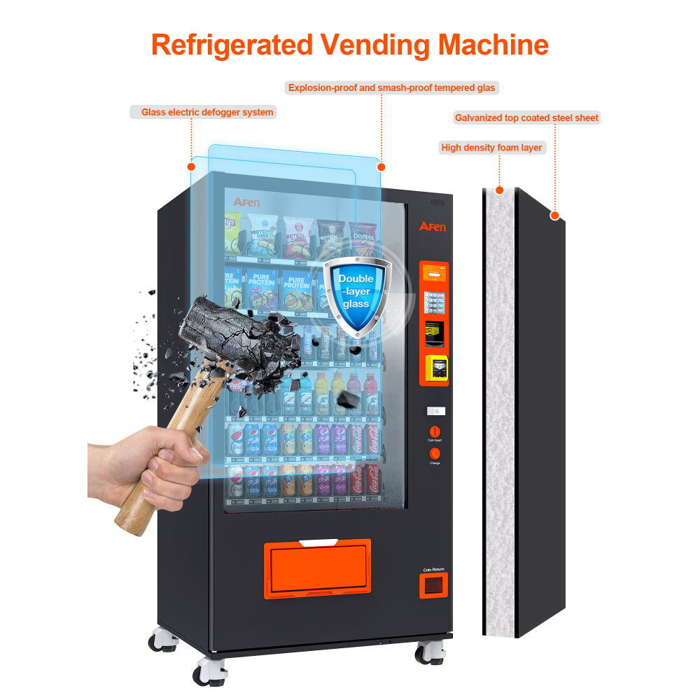 Snack & Drink Vending Machine with Coin, Bill Acceptor and Credit Card Reader, Refrigerated Commercial Vending Machine, 60 Slots