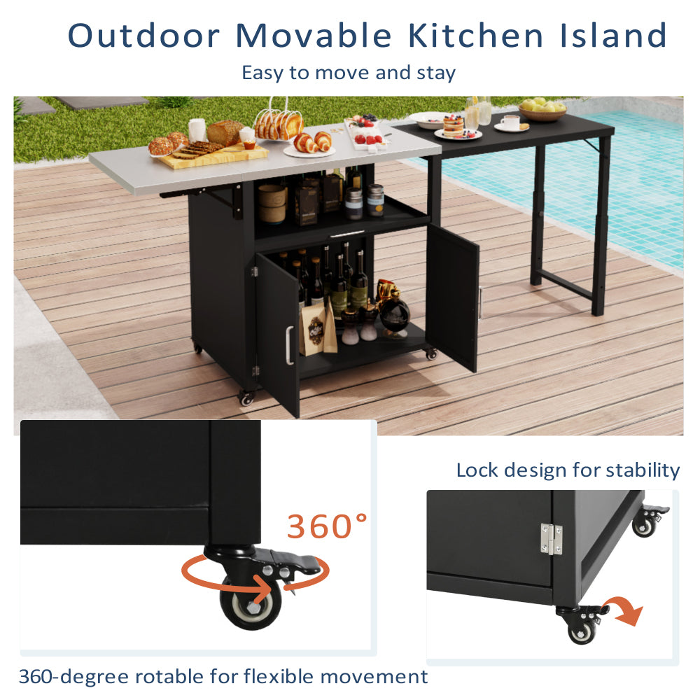 Versatile Outdoor Cabinet with Folding & Expandable Work Surfaces, Ample Storage Space, and Lockable Wheels, Matte Black