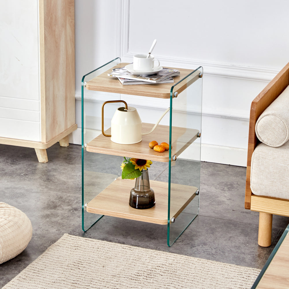 Three levels of bedside tables. The board surface is MDF, with white stickers, and both sides are transparent tempered glass. The design is simple and generous, with storage function.W1512P284948