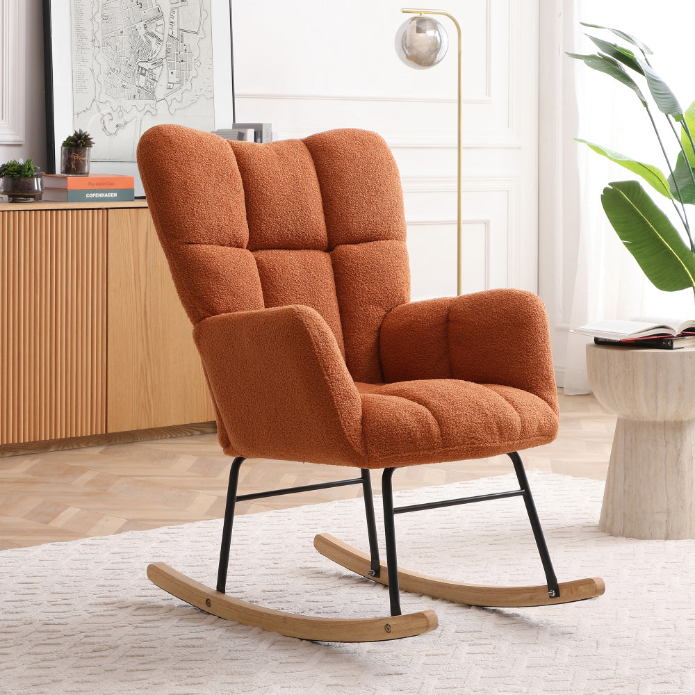 Rocking Chair Teddy Upholstered Glider Rocker Rocking Accent Chair Padded Seat with High Backrest Armchair Comfy Side Chair for Living Room Bedroom Offices BEIGE
