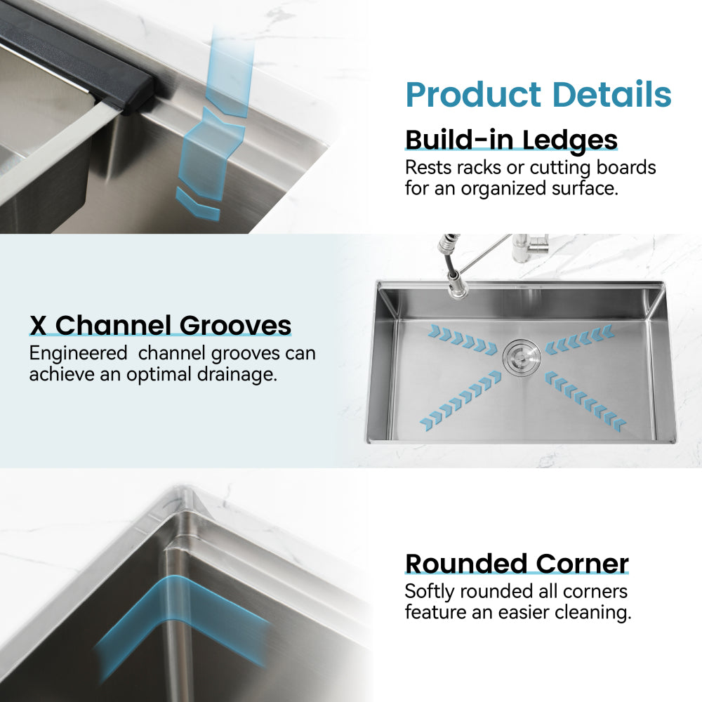 Stainless Steel Kitchen Sink, 33″x19″ Single Bowl, Undermount Handmade Sink in Dark Gray, with Cutting Board, Colander