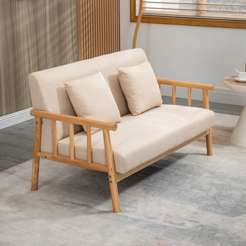 HOMCOM 48" 2-Seater Couch for Small Spaces, Modern Loveseat Sofa for Bedroom, Living Room Furniture, Upholstered Small Couch with Throw Pillow and Wood Legs, Beige