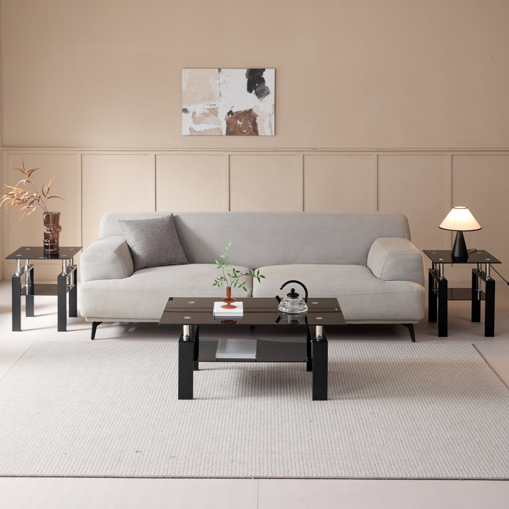 Tempered Black Glass Coffee Table, 2-Layers Tea Table