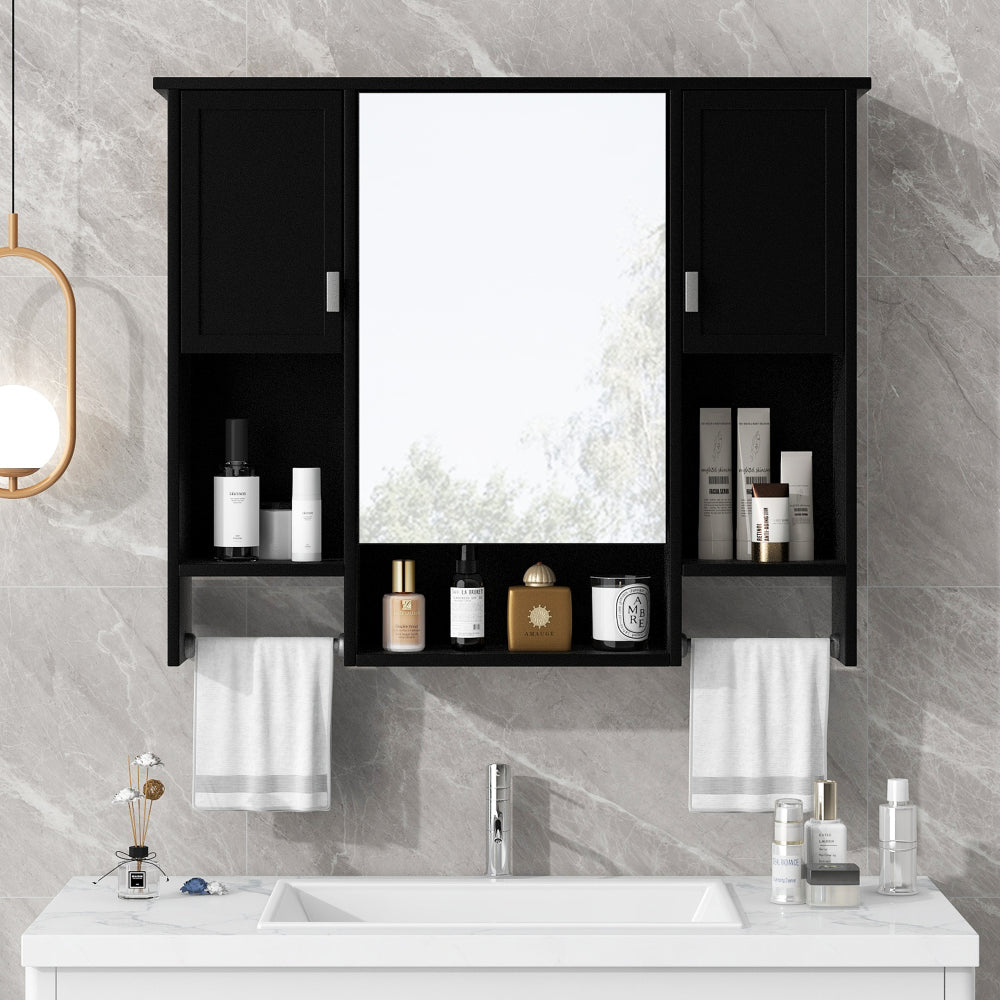 35'' x 28'' Modern Wall Mounted Bathroom Storage Cabinet, Bathroom Wall Cabinet with Mirror, Medicine Cabinet with Towels Bar