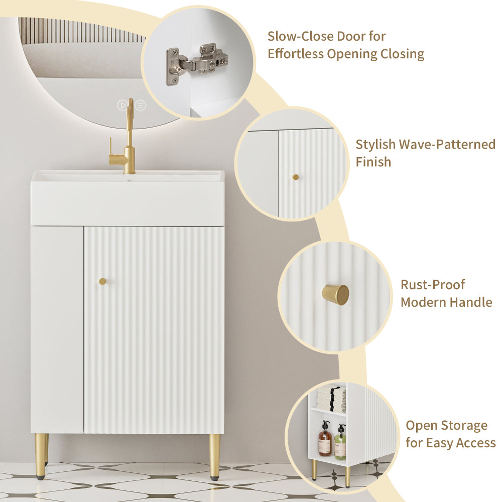 21.6" Open-shelving Bathroom Vanity with Ceramic Sink and Soft-Closing Door, Cloakroom Open Shelf Storage Cabinet on the Left Side, Assembly Required, White 24VB06-21WHL
