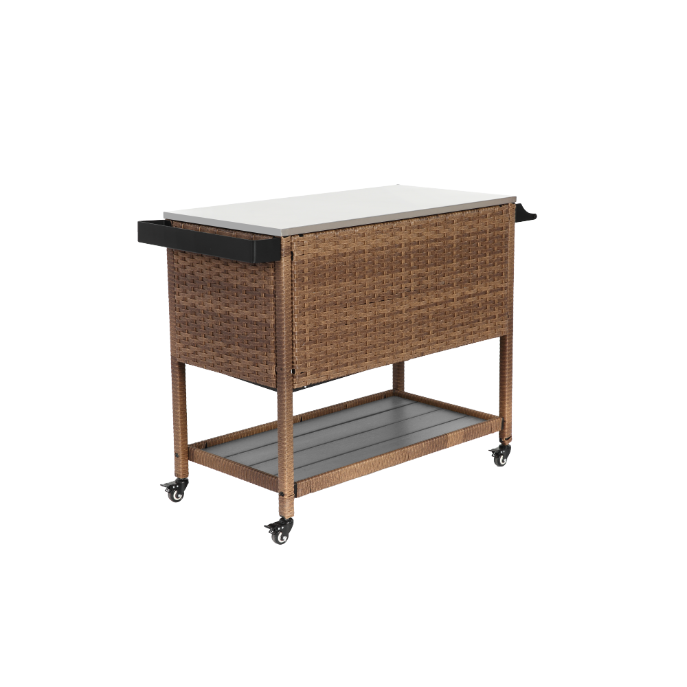 Outdoor Wicker Bar Cart, Patio Wine Serving Cart w/Wheels, Rolling Rattan Beverage Bar Counter Table w/Glass Top for Porch Backyard Garden Poolside Party, Brown